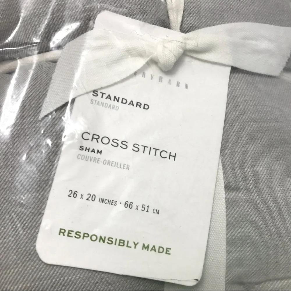 Pottery Barn Cross Stitch Cotton Quilted Sham Warm Gray Standard 26 x 20” New